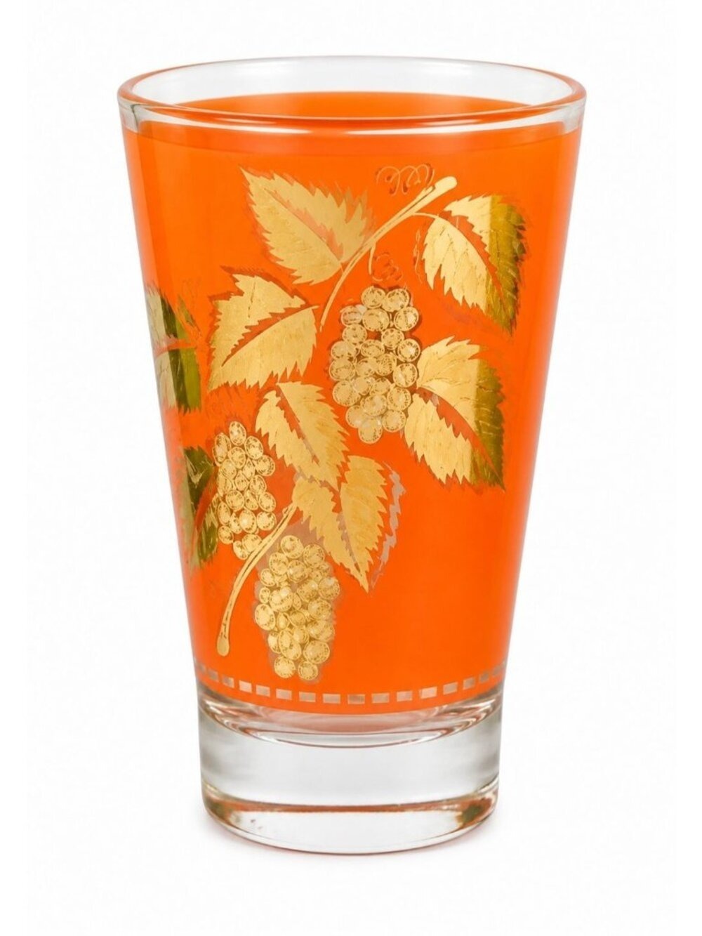 Vintage Libbey Orange Grape Leaf Glass, Gold Leaf Barware, Mid Century Cocktail